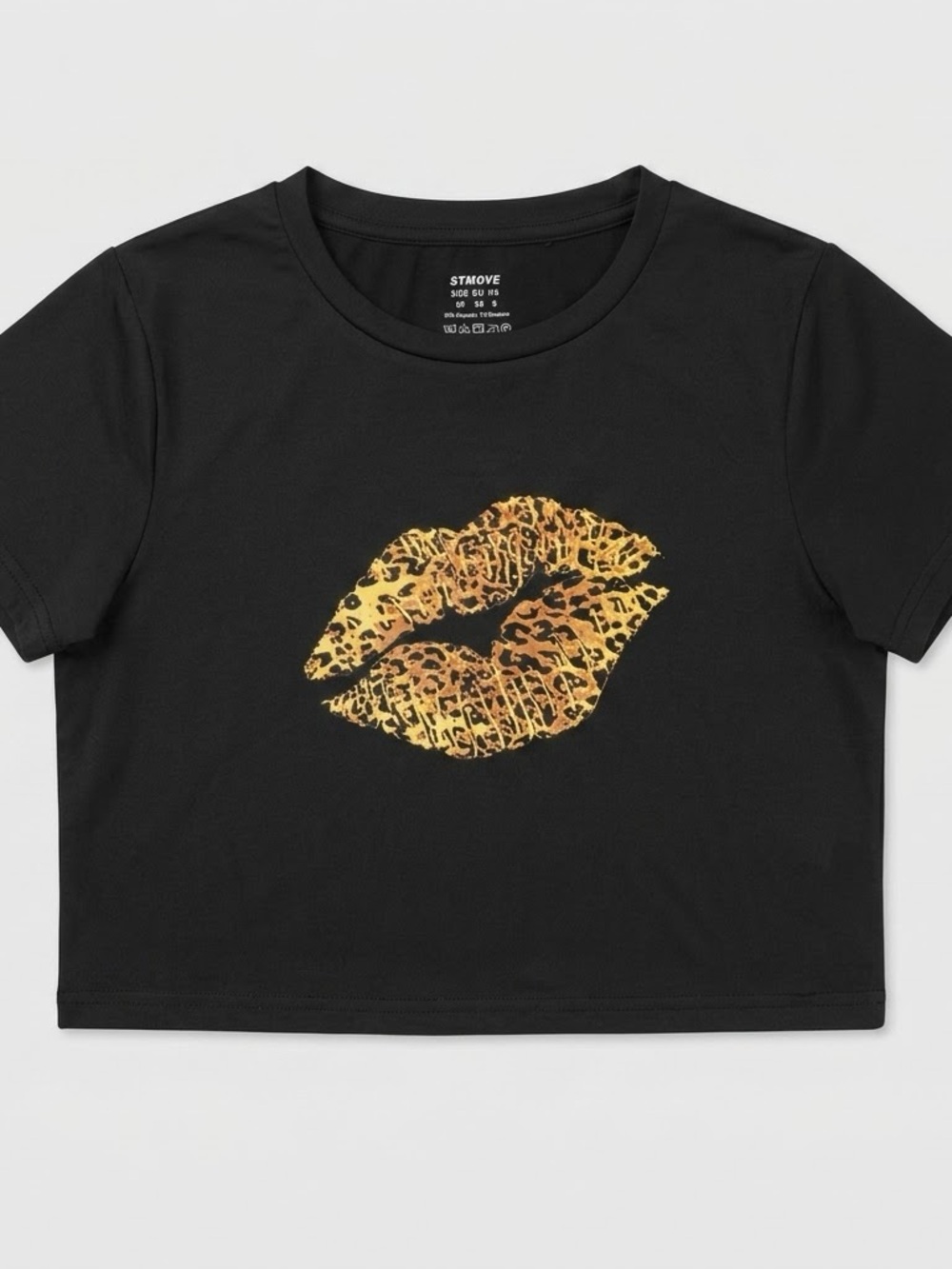 Kids Black Crop Tee with Gold Leopard Kiss Graphic